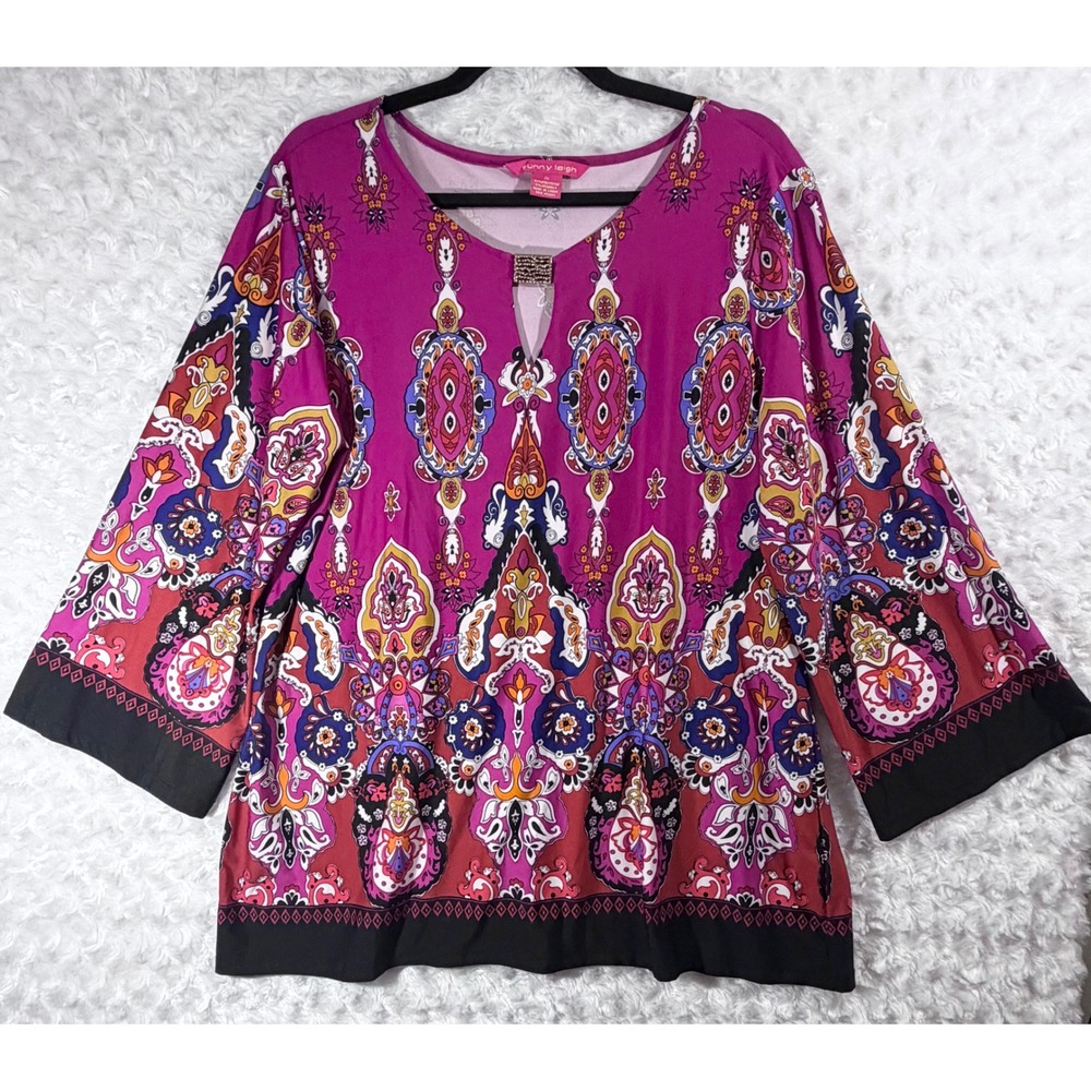 Danny Leigh Women Size XL Pink Paisley Medallion Keyhole 3/4 Sleeve Blouse